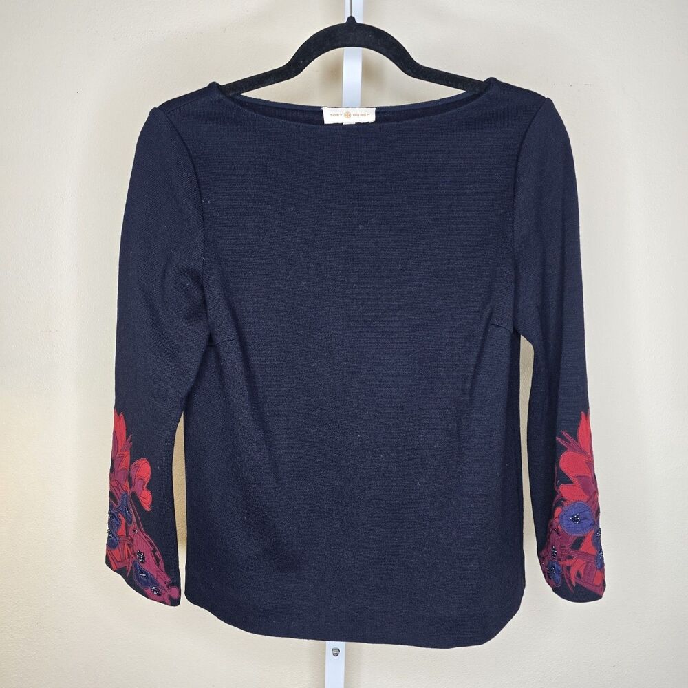Tory Burch Women's S Blue 3/4 Sleeve Floral Detail Beaded Wool Blend Knit Top